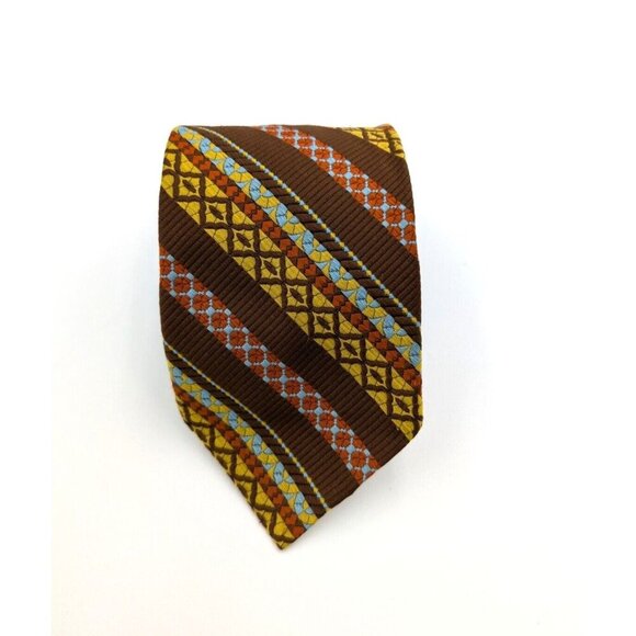 Vintage 60s 70s Men's Tie Brown Yellow Blue Striped - Picture 1 of 9